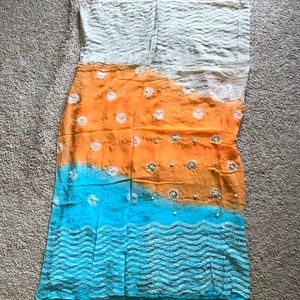 Blue and Orange and Beige Georgette Sari